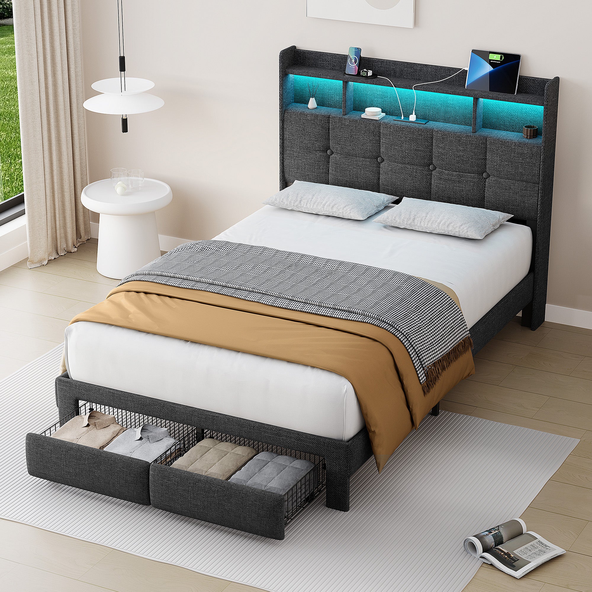Full Bed Frame with Upholstered Headboard, Holaki Heavy Duty Metal Platform Bed Frame Full Size with 2 Storage Drawers, Charging Station & LED Lights, No Box Spring Needed, Noise Free, Dark Gray