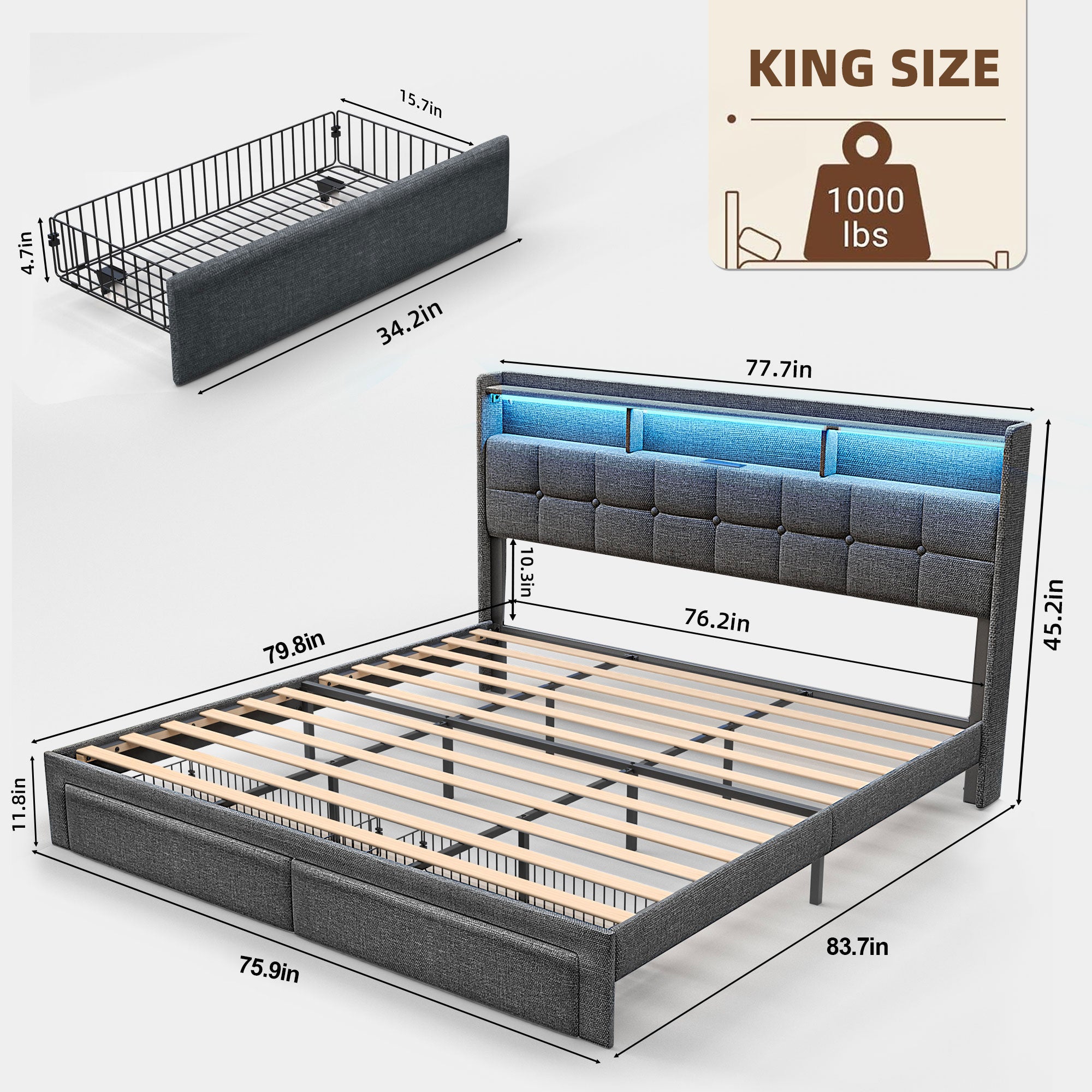 Full Bed Frame with Upholstered Headboard, Holaki Heavy Duty Metal Platform Bed Frame Full Size with 2 Storage Drawers, Charging Station & LED Lights, No Box Spring Needed, Noise Free, Dark Gray