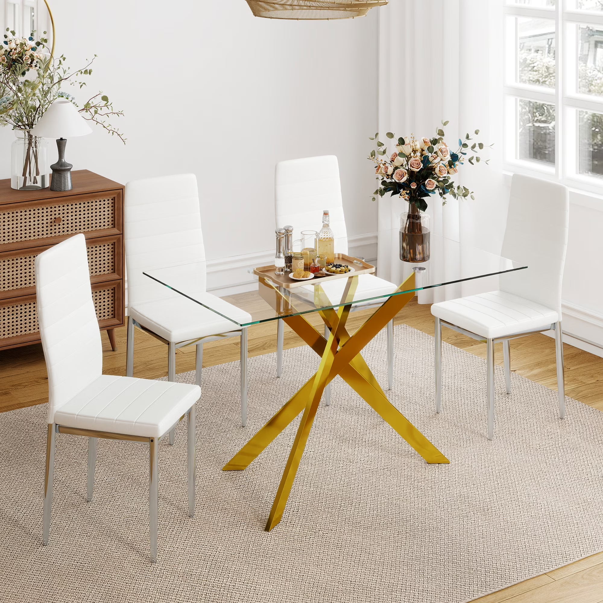 51.18" Rectangular Glass Dining Table, Holaki Modern Tempered Glass Kitchen Table with Sturdy Metal Legs, Dinning Room Table for Home Dinner, Black,Gold,Silver