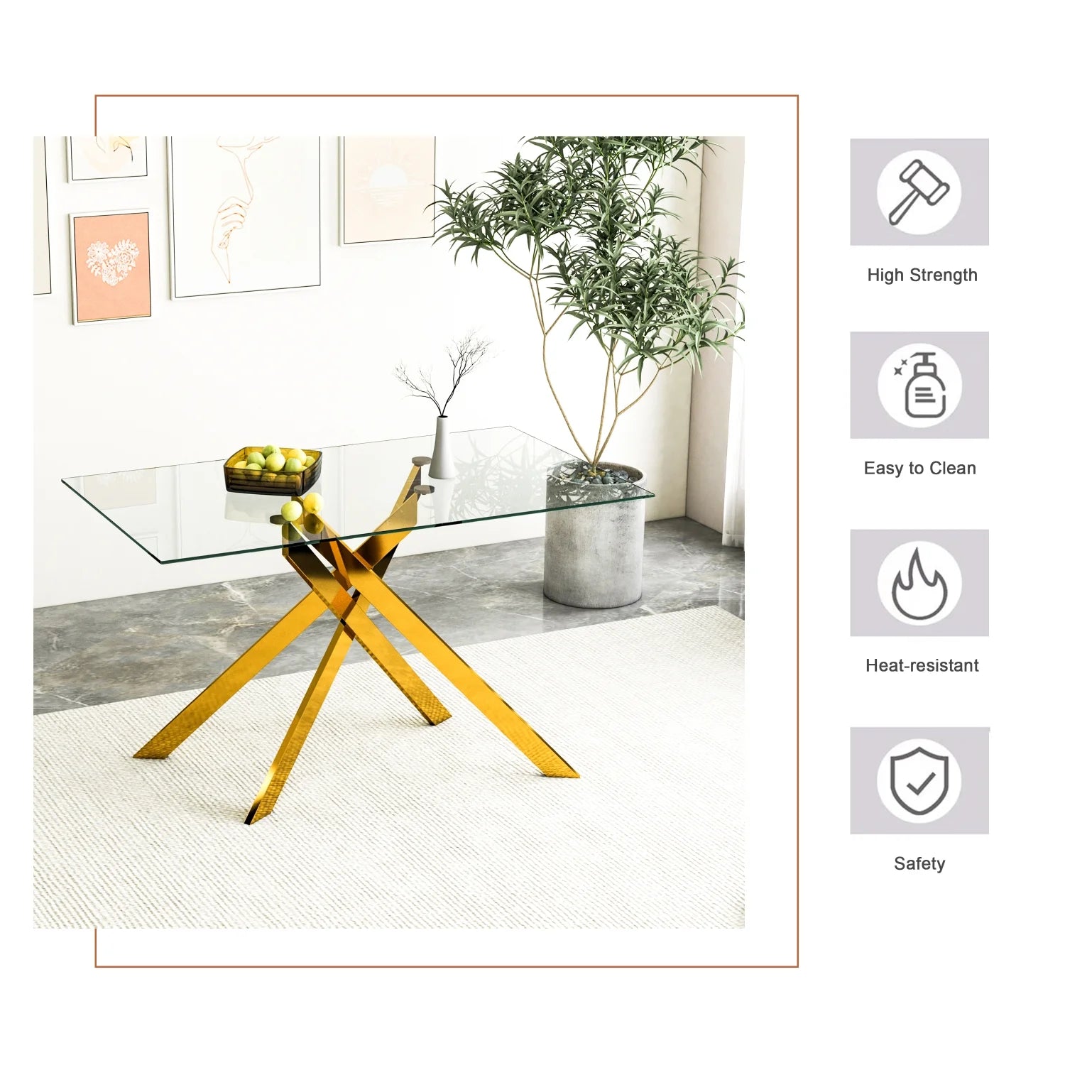 51.18" Rectangular Glass Dining Table, Holaki Modern Tempered Glass Kitchen Table with Sturdy Metal Legs, Dinning Room Table for Home Dinner, Black,Gold,Silver