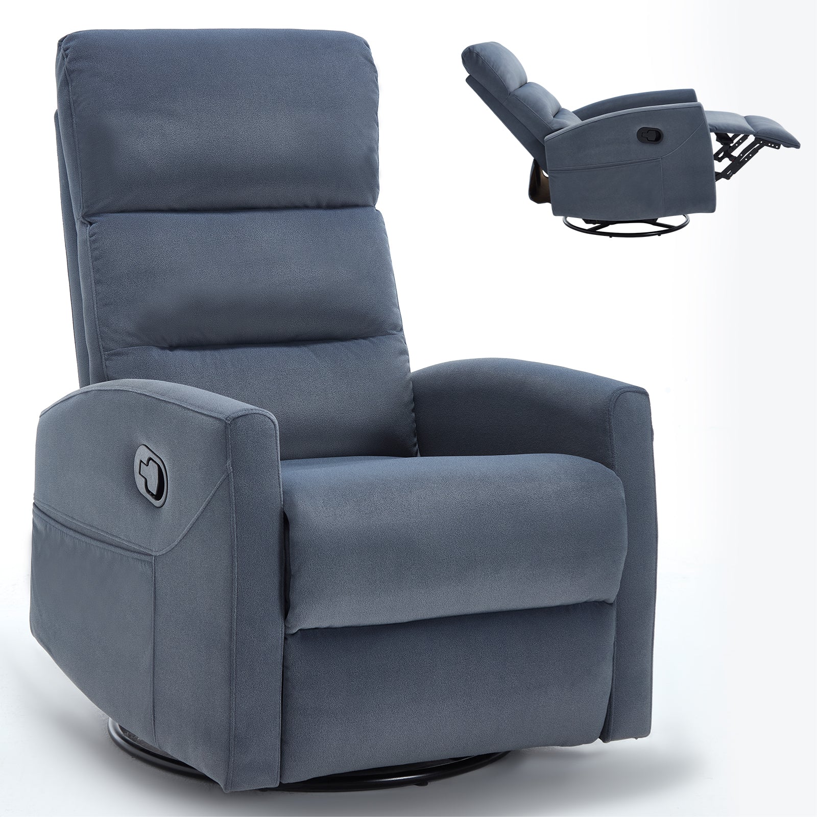Manual Swivel Rocker Recliner Chair, Holaki 360° Swivel Recliner with Massage and Heat, Comfy Upholstered Nursery Glider Rocking Chair with Side Pockets, Lumbar Support for Living Room