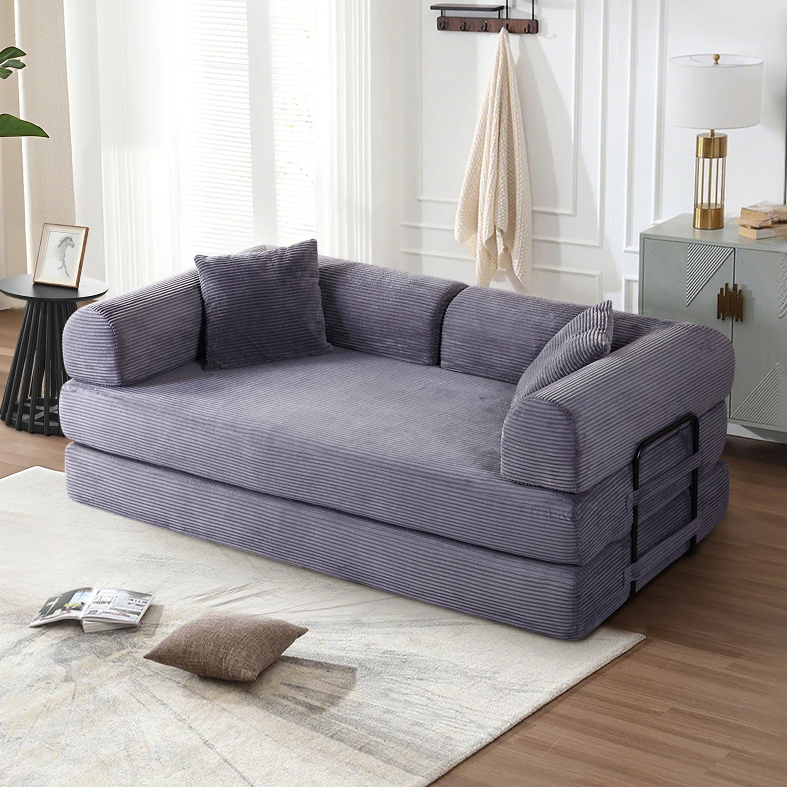 78" Convertible Sleeper Sofa Bed, Compression Folding Sofa with Pillow & 3 Seat, Corduroy Folding Sofa Couch with Fixed-Shape Frame, Floor Sofas Lounge Couch for Living Room Bedroom