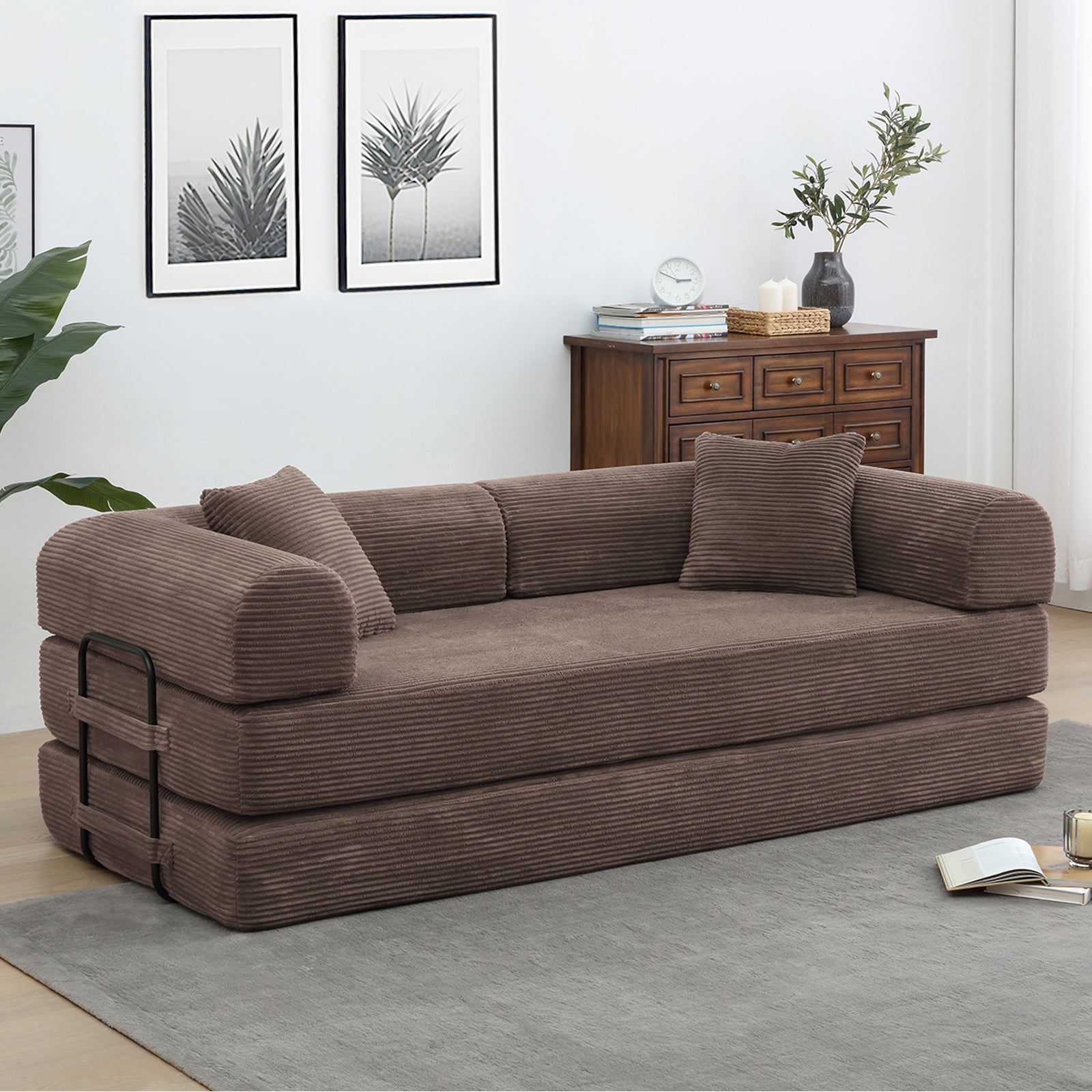 78" Convertible Sleeper Sofa Bed, Compression Folding Sofa with Pillow & 3 Seat, Corduroy Folding Sofa Couch with Fixed-Shape Frame, Floor Sofas Lounge Couch for Living Room Bedroom