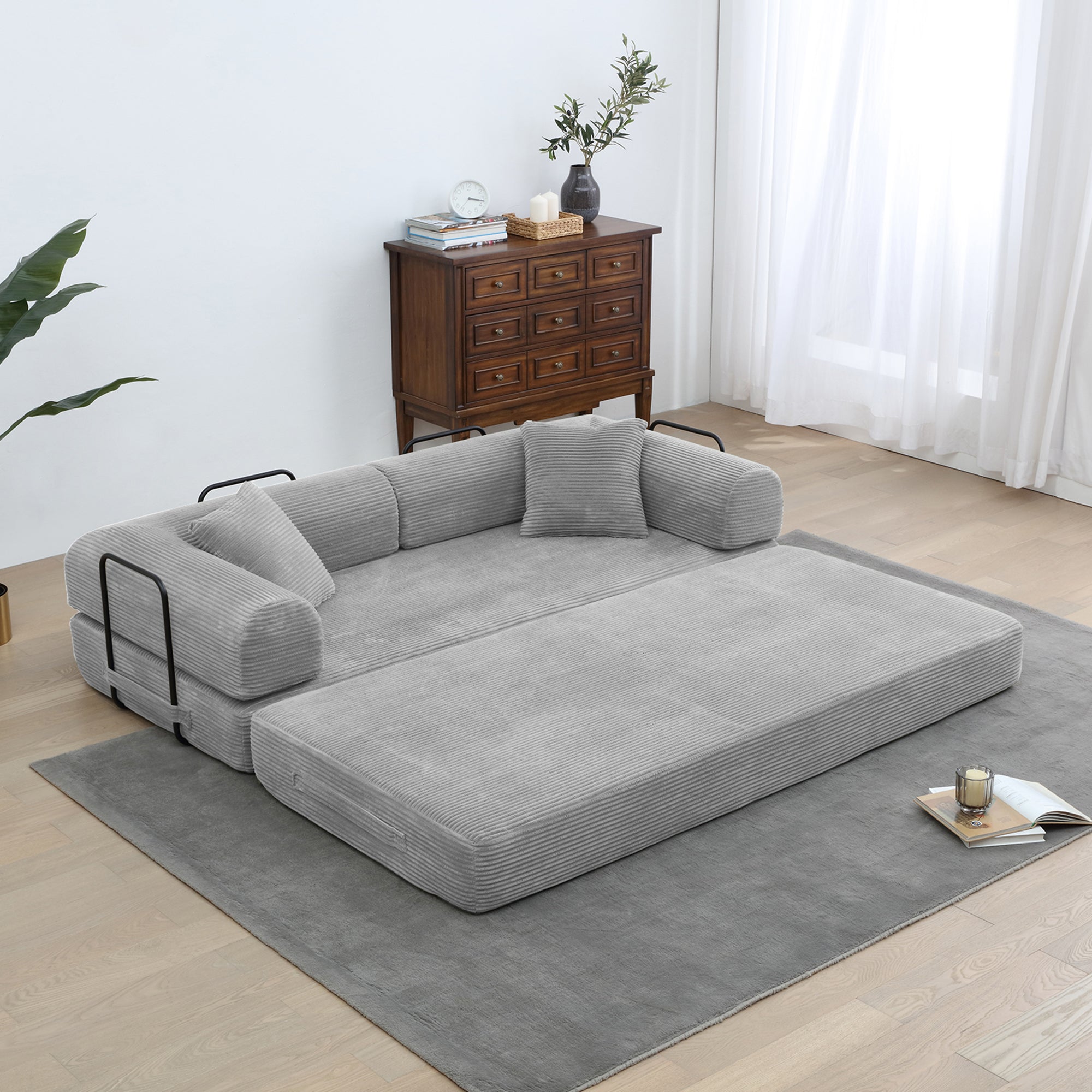 78" Convertible Sleeper Sofa Bed, Compression Folding Sofa with Pillow & 3 Seat, Corduroy Folding Sofa Couch with Fixed-Shape Frame, Floor Sofas Lounge Couch for Living Room Bedroom