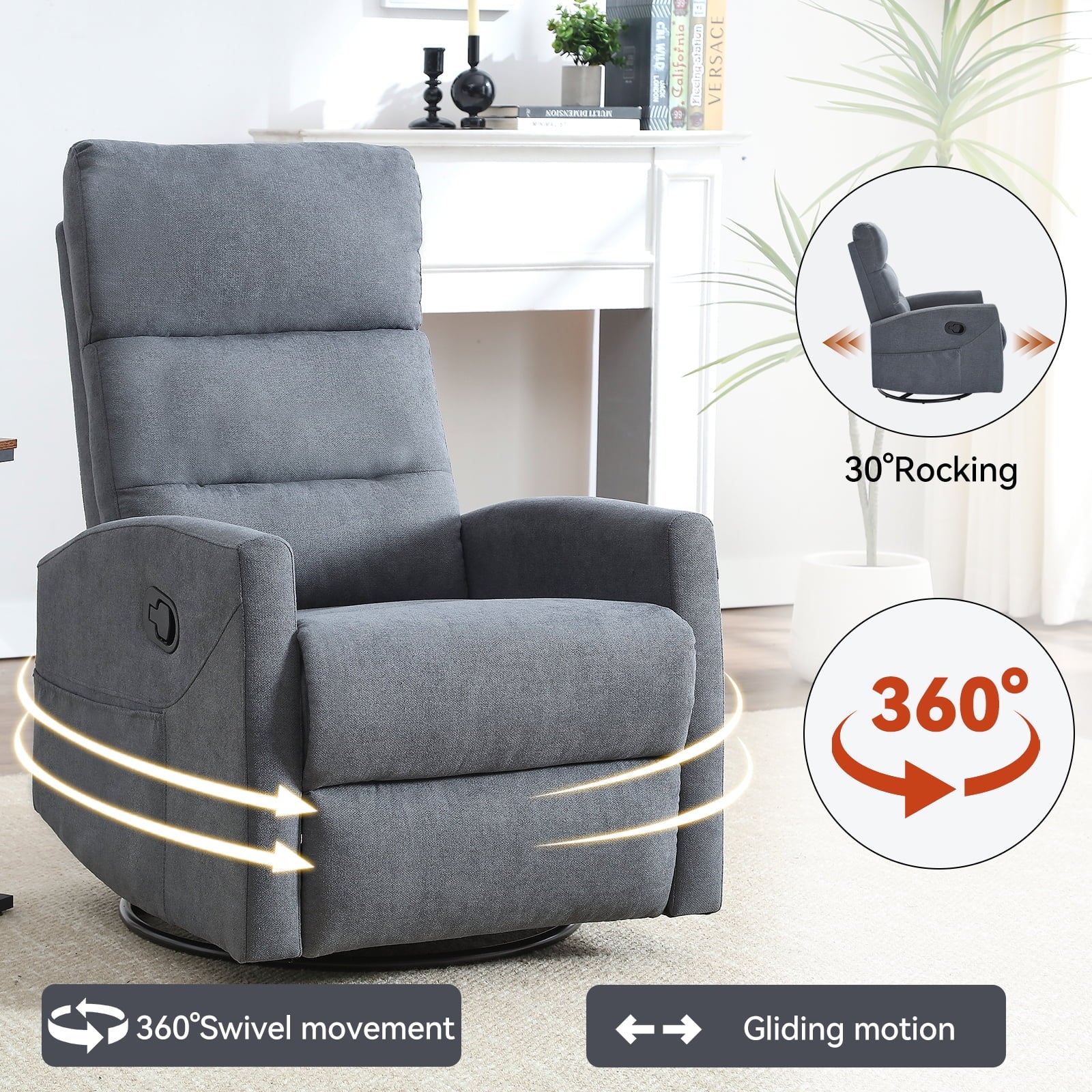 360° Swivel Rocker Recliner for Adults, Small Rocking Recliner for Small Spaces, Nursery Glider Recliner, Rocking Chair , Manual Recliner Chair for Living Room, Bedroom (Fabric, Blue Gray,Dark Grey,Grey)