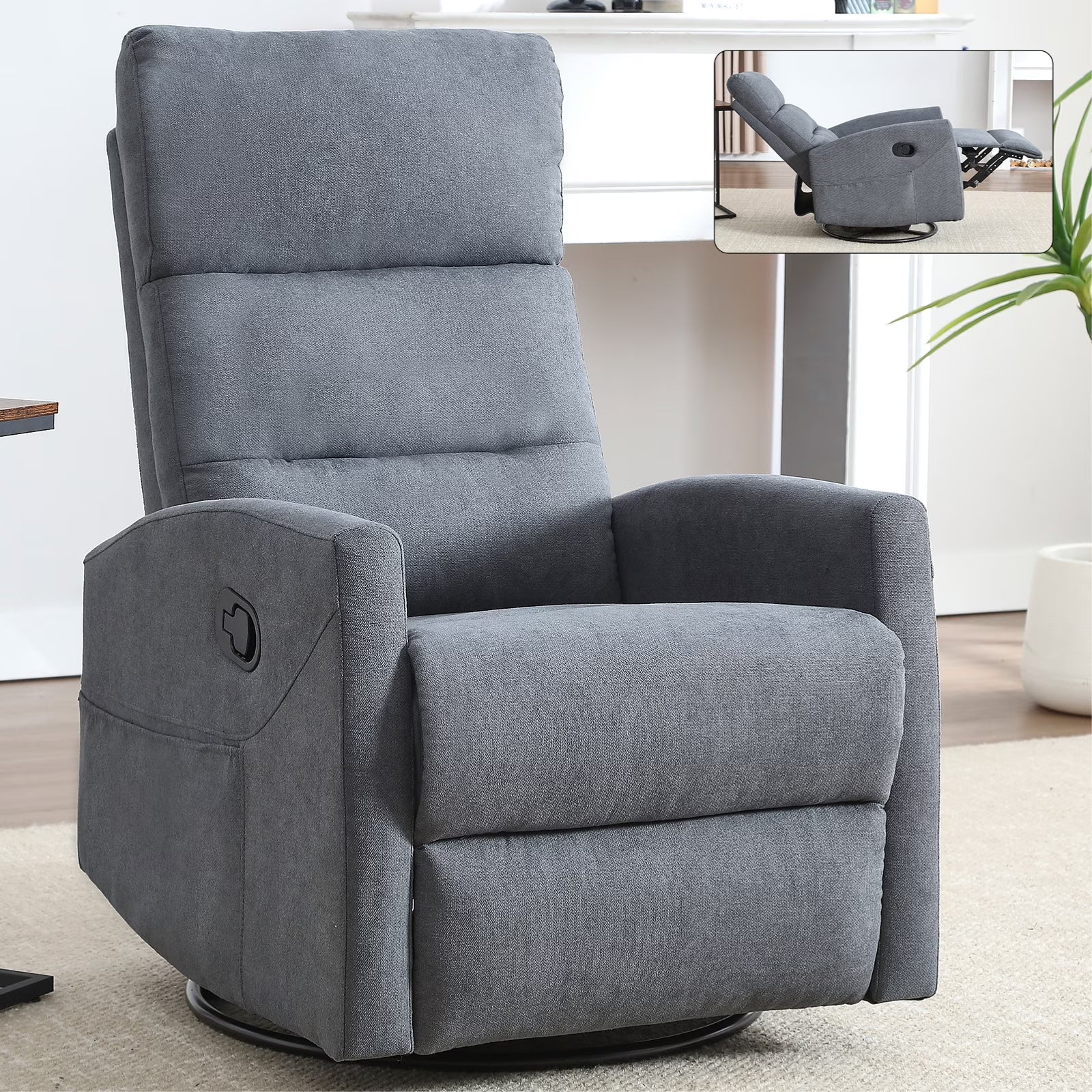360° Swivel Rocker Recliner for Adults, Small Rocking Recliner for Small Spaces, Nursery Glider Recliner, Rocking Chair , Manual Recliner Chair for Living Room, Bedroom (Fabric, Blue Gray,Dark Grey,Grey)