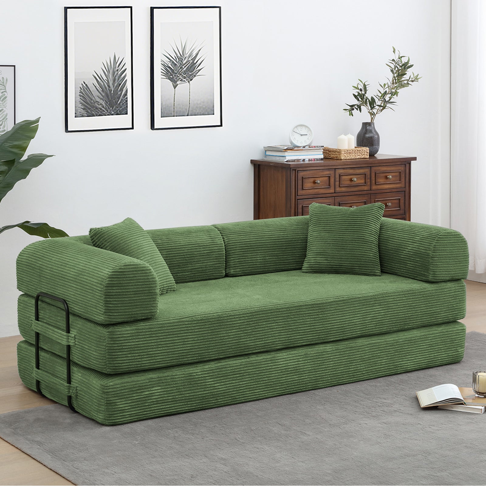 78" Convertible Sleeper Sofa Bed, Compression Folding Sofa with Pillow & 3 Seat, Corduroy Folding Sofa Couch with Fixed-Shape Frame, Floor Sofas Lounge Couch for Living Room Bedroom