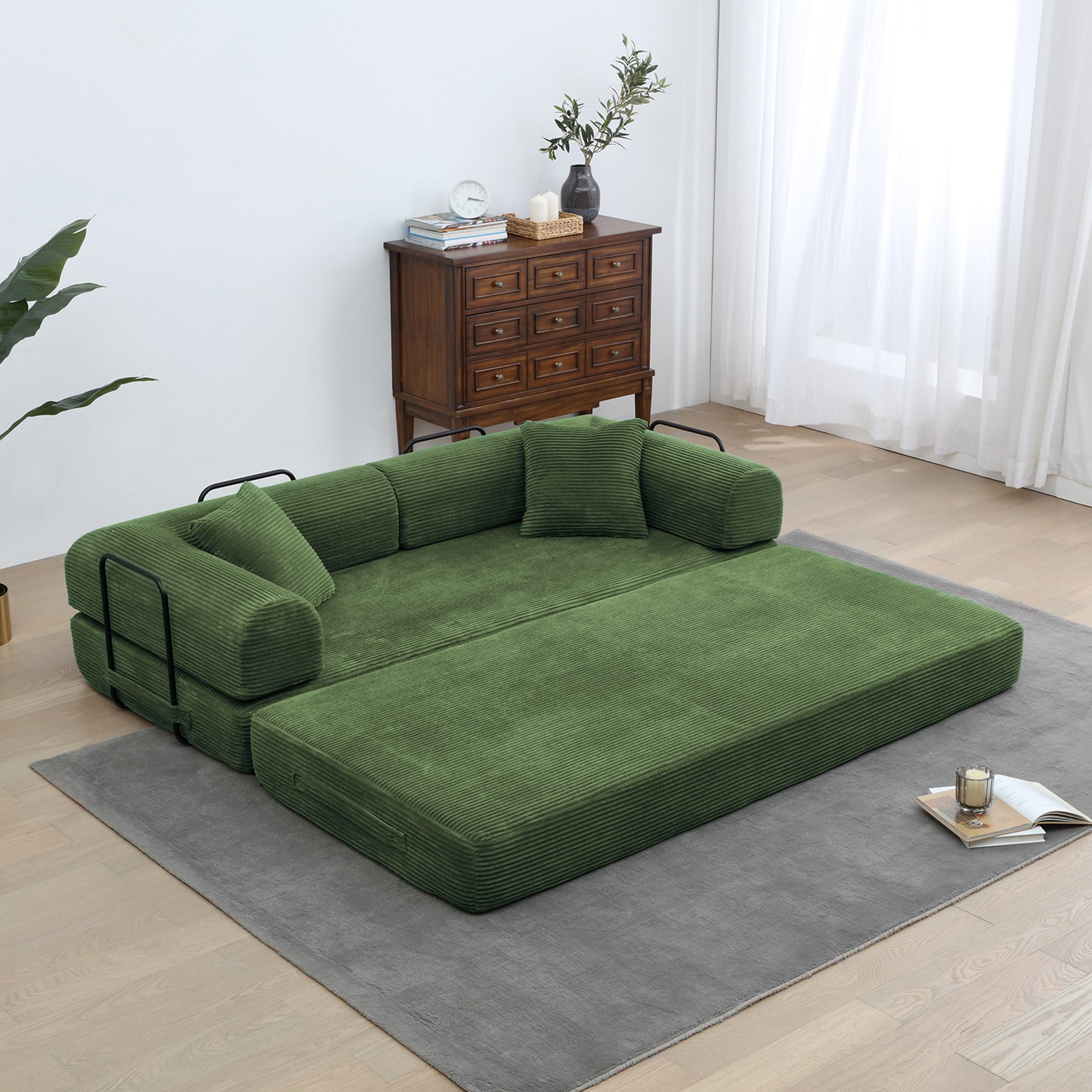 78" Convertible Sleeper Sofa Bed, Compression Folding Sofa with Pillow & 3 Seat, Corduroy Folding Sofa Couch with Fixed-Shape Frame, Floor Sofas Lounge Couch for Living Room Bedroom
