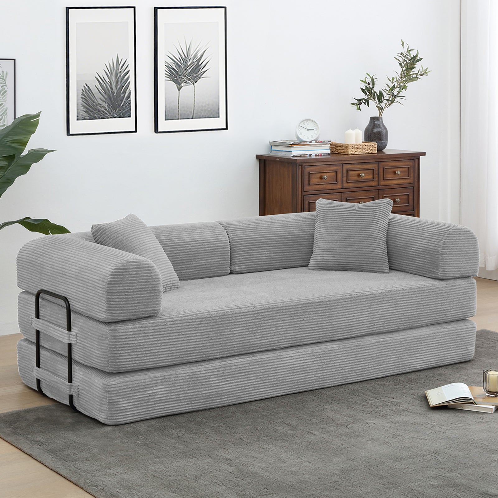 78" Convertible Sleeper Sofa Bed, Compression Folding Sofa with Pillow & 3 Seat, Corduroy Folding Sofa Couch with Fixed-Shape Frame, Floor Sofas Lounge Couch for Living Room Bedroom