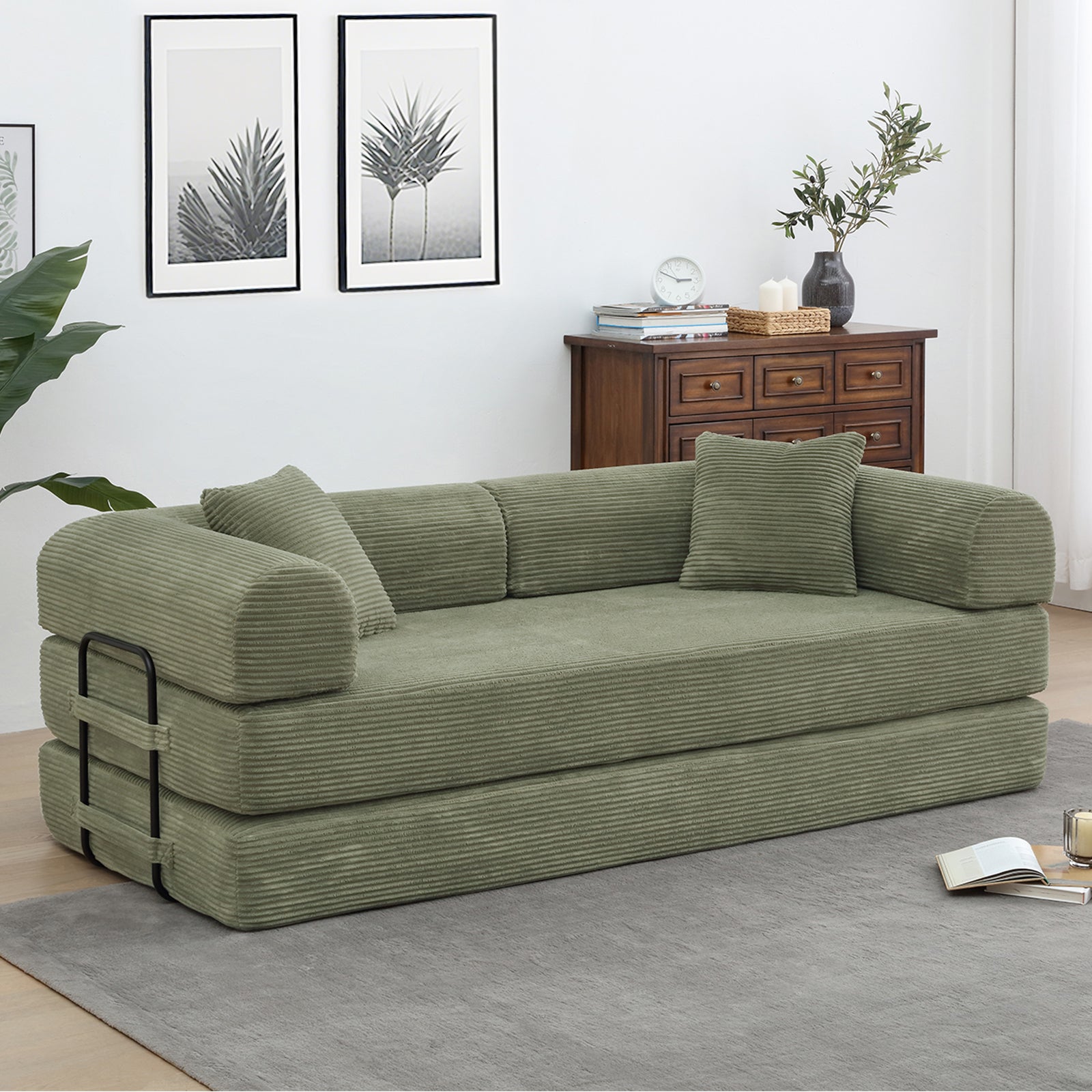 78" Convertible Sleeper Sofa Bed, Compression Folding Sofa with Pillow & 3 Seat, Corduroy Folding Sofa Couch with Fixed-Shape Frame, Floor Sofas Lounge Couch for Living Room Bedroom