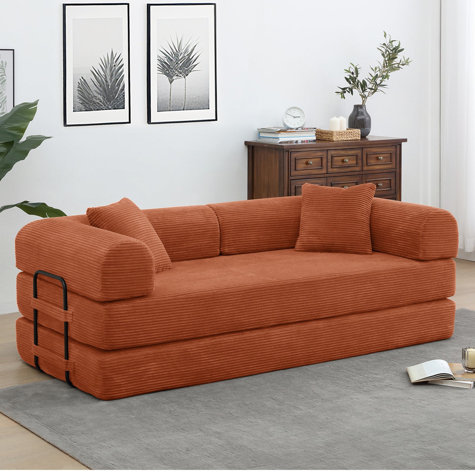 78" Convertible Sleeper Sofa Bed, Compression Folding Sofa with Pillow & 3 Seat, Corduroy Folding Sofa Couch with Fixed-Shape Frame, Floor Sofas Lounge Couch for Living Room Bedroom