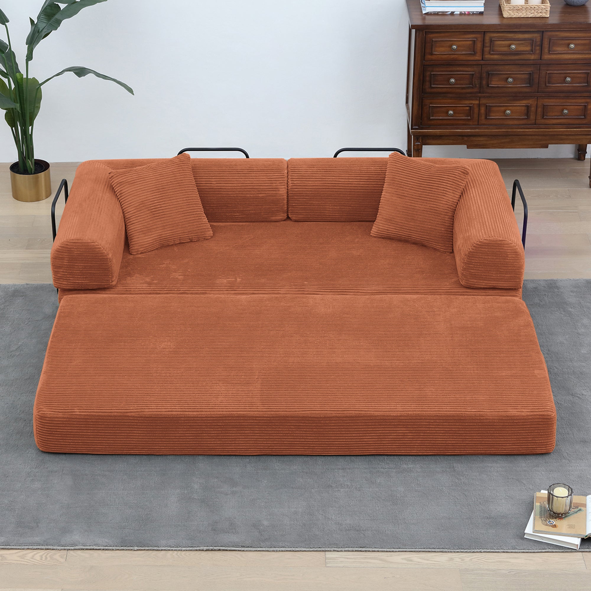 78" Convertible Sleeper Sofa Bed, Compression Folding Sofa with Pillow & 3 Seat, Corduroy Folding Sofa Couch with Fixed-Shape Frame, Floor Sofas Lounge Couch for Living Room Bedroom
