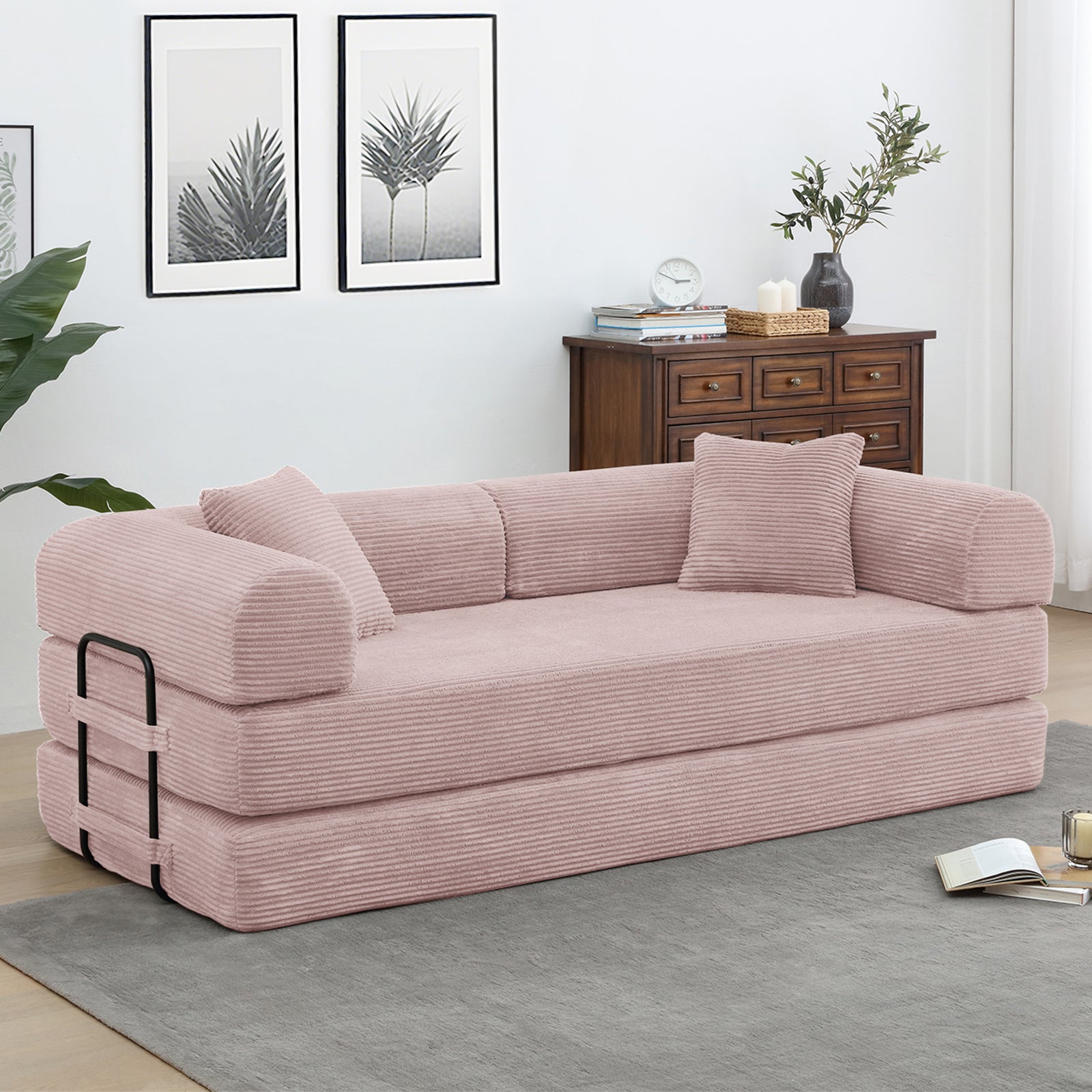 78" Convertible Sleeper Sofa Bed, Compression Folding Sofa with Pillow & 3 Seat, Corduroy Folding Sofa Couch with Fixed-Shape Frame, Floor Sofas Lounge Couch for Living Room Bedroom