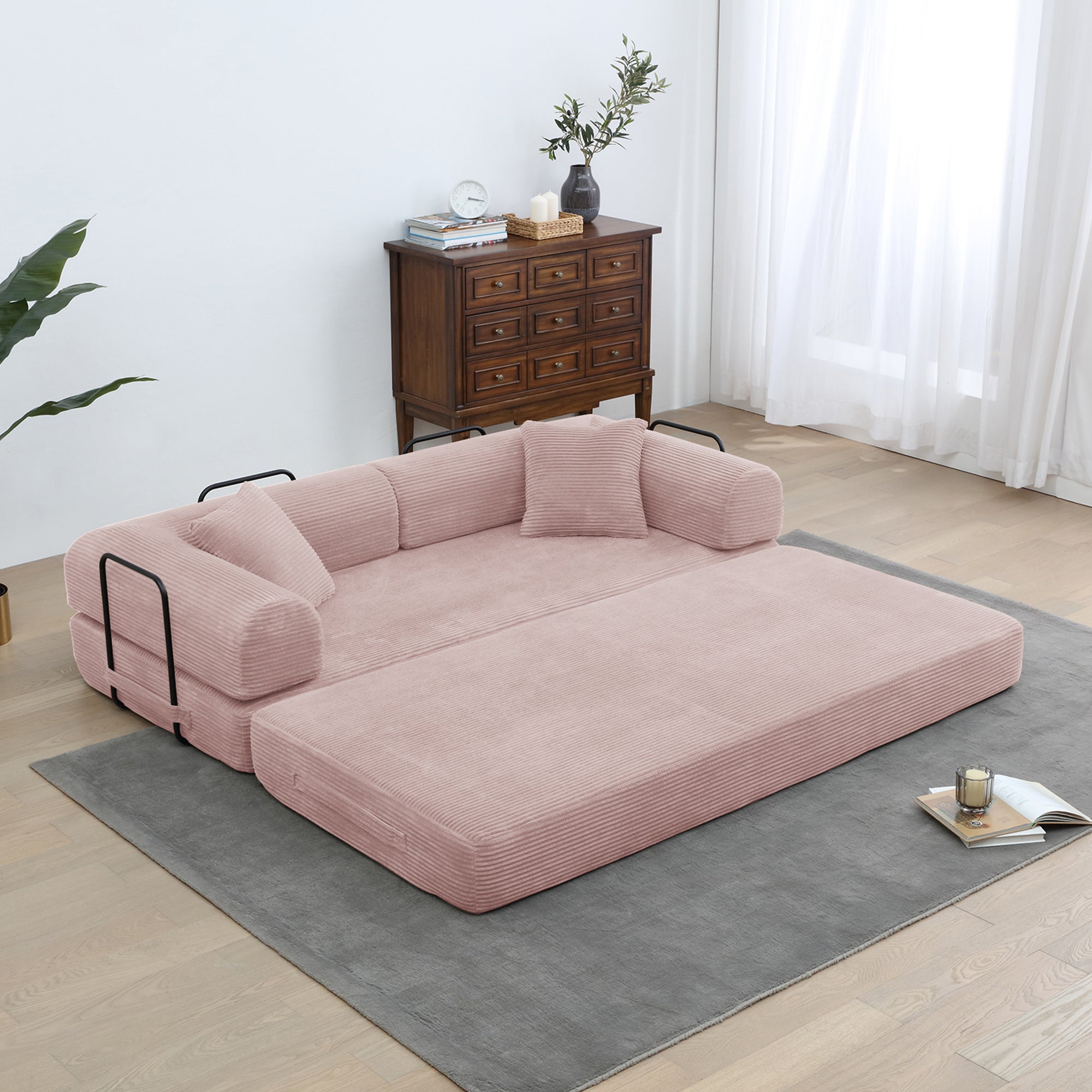 78" Convertible Sleeper Sofa Bed, Compression Folding Sofa with Pillow & 3 Seat, Corduroy Folding Sofa Couch with Fixed-Shape Frame, Floor Sofas Lounge Couch for Living Room Bedroom