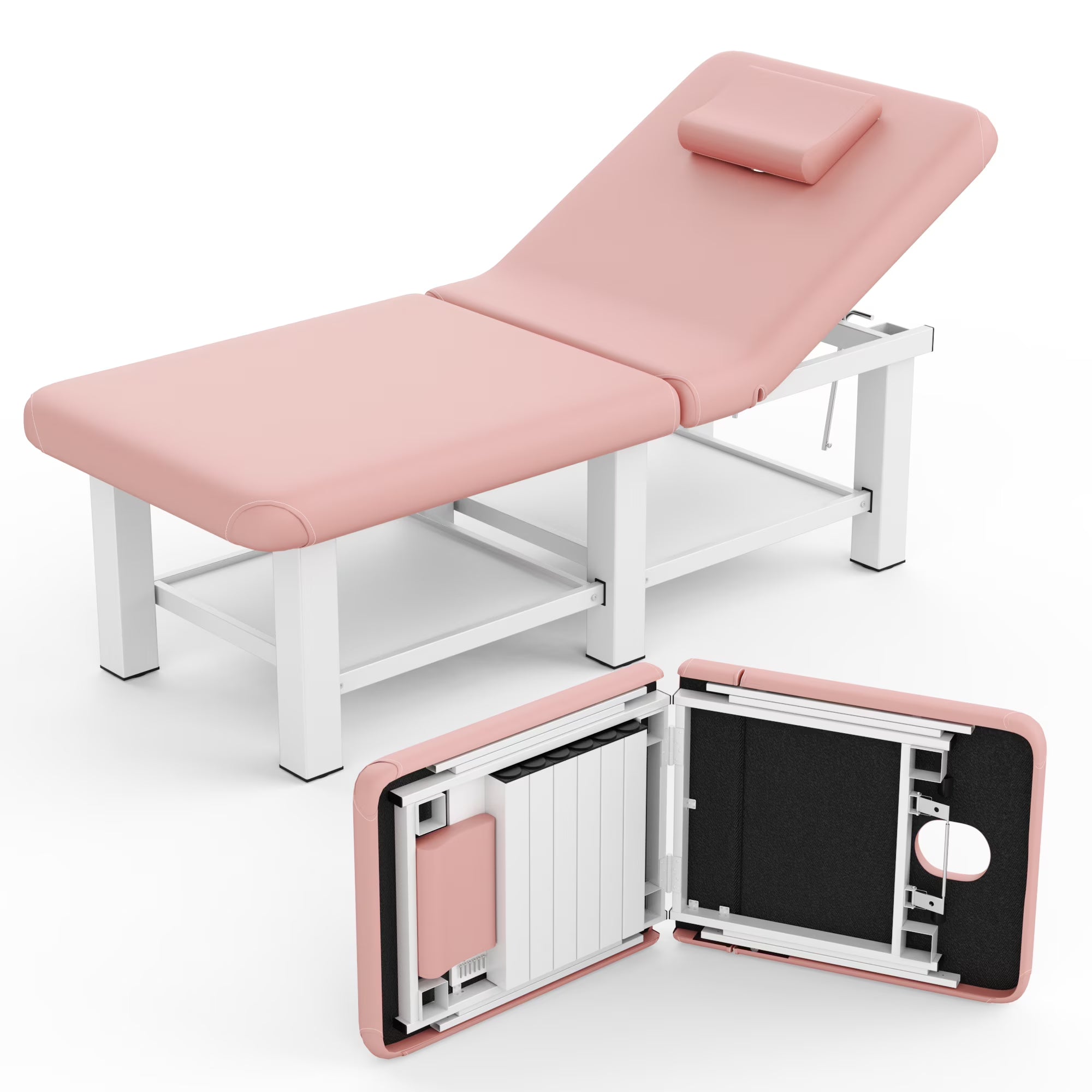 Stationary Massage Table Folding Bed with Backrest for Treatment Table Physical Therapy Table Spa Facial Bed, Metal Frame PU Leather, 30.5'' Wide × 75'' Long