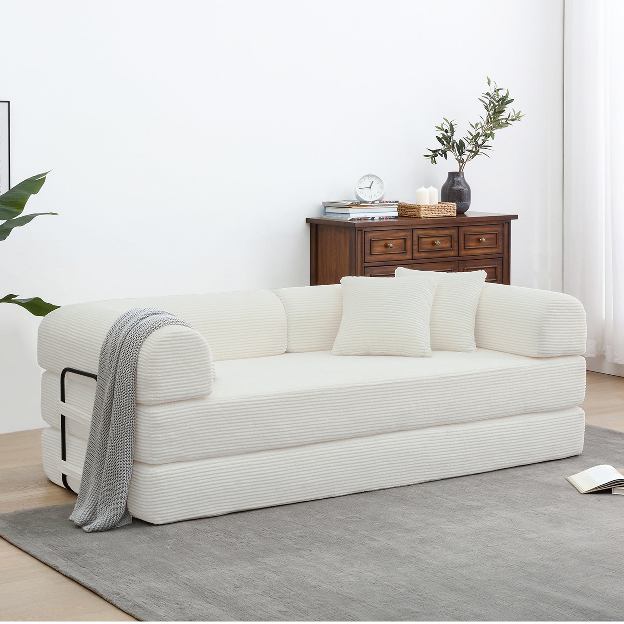 78" Convertible Sleeper Sofa Bed, Compression Folding Sofa with Pillow & 3 Seat, Corduroy Folding Sofa Couch with Fixed-Shape Frame, Floor Sofas Lounge Couch for Living Room Bedroom