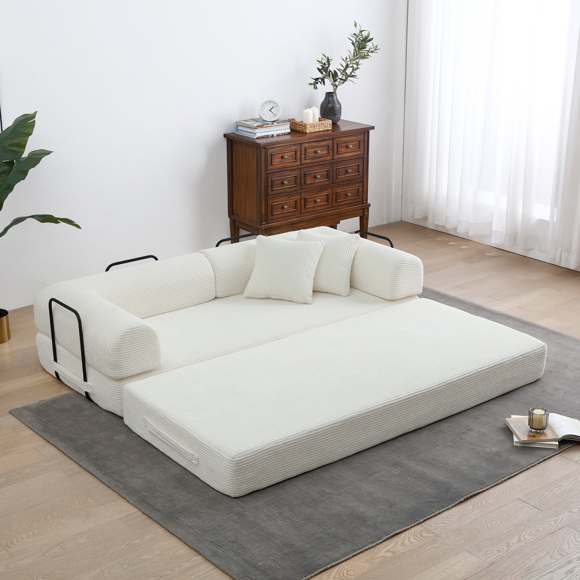 78" Convertible Sleeper Sofa Bed, Compression Folding Sofa with Pillow & 3 Seat, Corduroy Folding Sofa Couch with Fixed-Shape Frame, Floor Sofas Lounge Couch for Living Room Bedroom