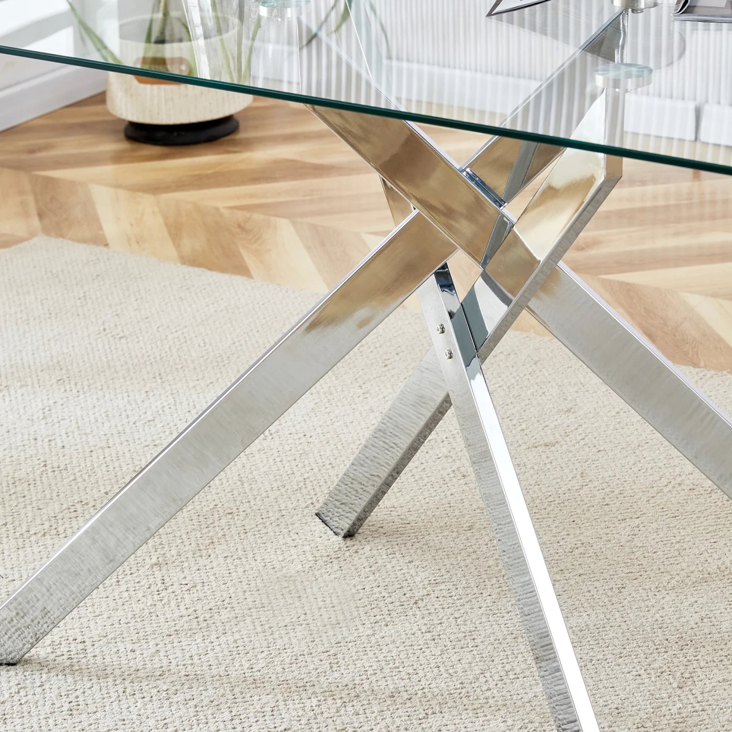 51.18" Rectangular Glass Dining Table, Holaki Modern Tempered Glass Kitchen Table with Sturdy Metal Legs, Dinning Room Table for Home Dinner, Black,Gold,Silver
