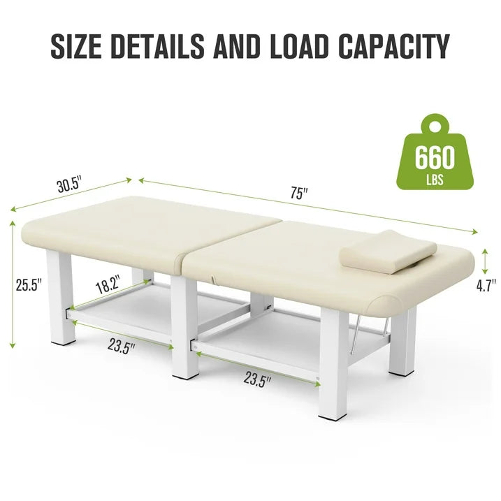 Stationary Massage Table Folding Bed with Backrest for Treatment Table Physical Therapy Table Spa Facial Bed, Metal Frame PU Leather, 30.5'' Wide × 75'' Long